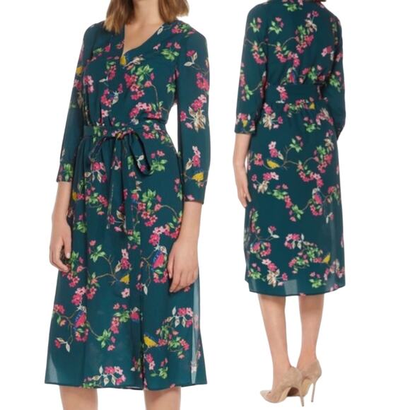 Eliza J Fit & Flare Dress V Neck Surplice Floral Birds Print Midi Green Womens 0 - Picture 1 of 7